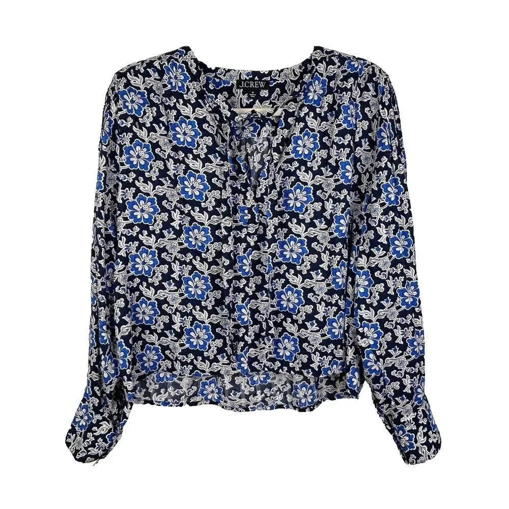 J.Crew V Neck Tie Top Floral Cotton Blend Dobby Blue Floral Long Puff Sleeve M